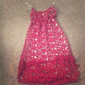 red/maroon asymmetrical dress w/ white sheer